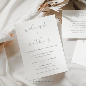 Simple Script Wedding Invitation Set. Printable Wedding Invitation Suite, Classic Script Wedding Set, Grey and White Wedding Invite Template