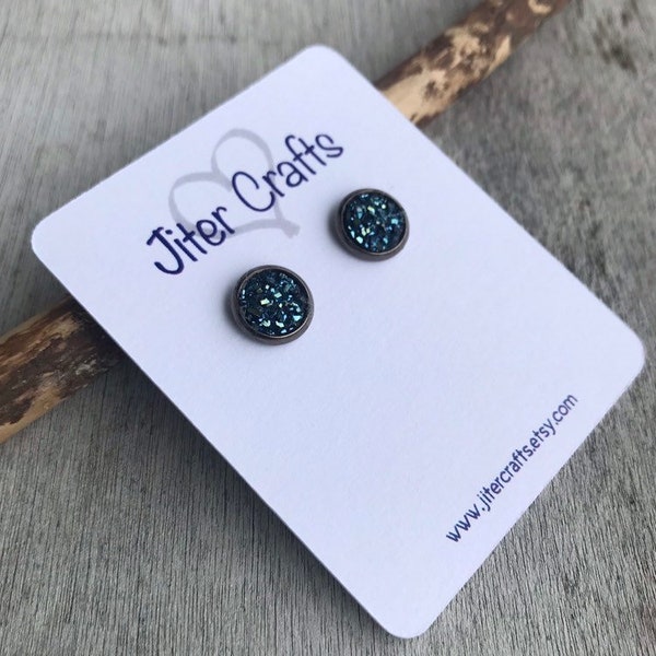 Denim Blue 8mm Druzy cabochon earrings