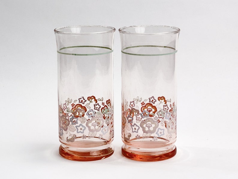 Vintage Tall Pink Iced Tea Glasses Pink Teal White Floral Etsy