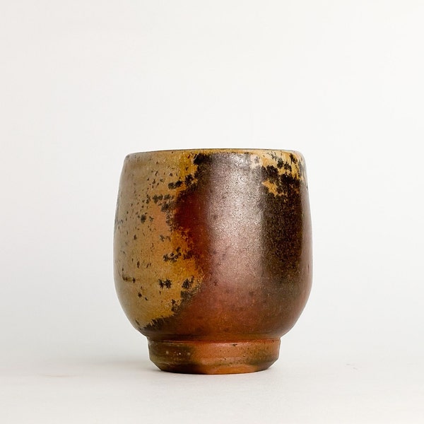 Vintage Handmade Stoneware Planter or Drinking Vessel - Brown Grays Copper Peach + Beige Neutral Speckled Glaze  - Studio Pottery