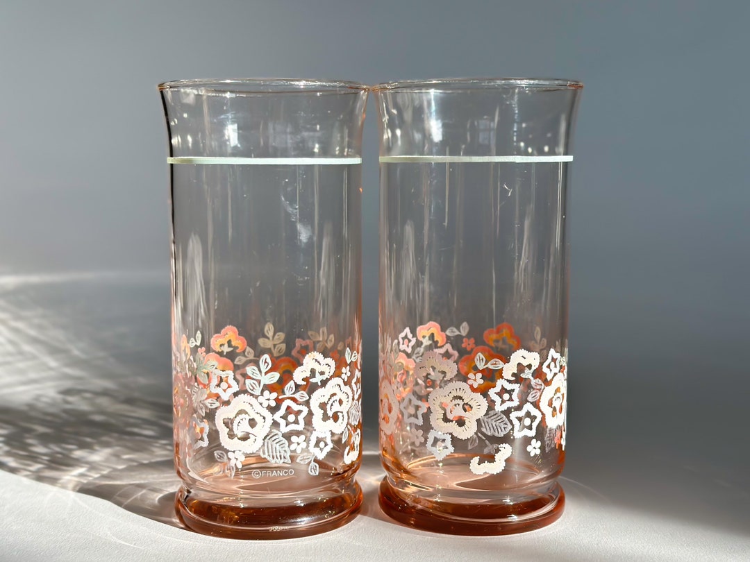 Vintage Tall Pink Iced Tea Glasses Pink Teal White Floral Etsy