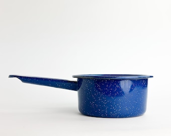 Vintage Blue Speckled Enamel Saucepan - Rare Size Blue + White Graniteware Enamelware Camping Sauce Pan - Outdoor Campfire Frypan