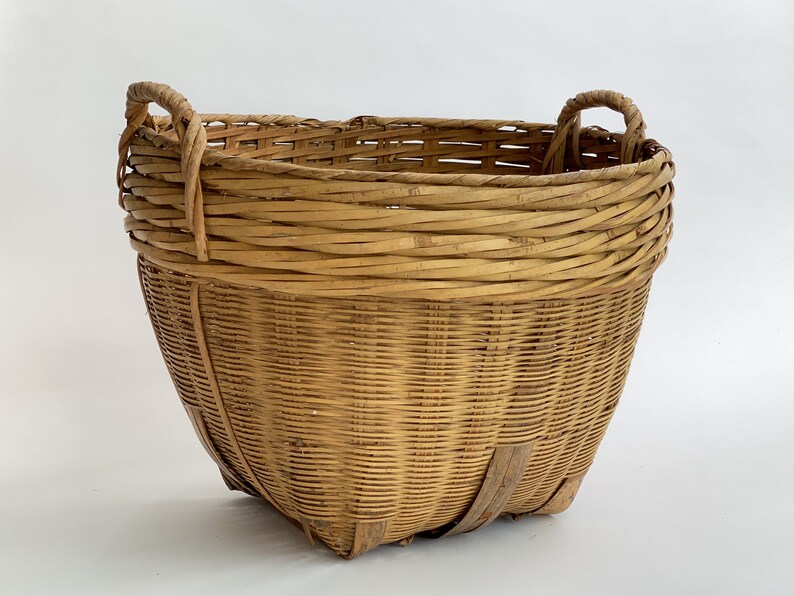 Handmade Rattan Planter Basket Large Footed Floor Basket with Handles Vintage Bamboo Wicker Planter Earthy Natural Neutral Decor