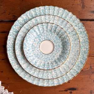 Royal Worcester Bone China Dishes Bright Blue Transferware Set of Elegant Plates Tea Cups & Saucers