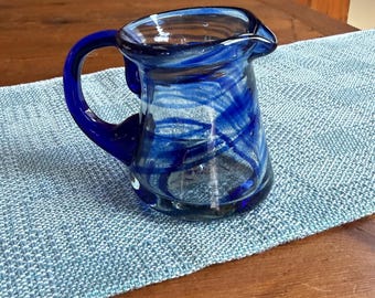 Modern Farmhouse Kitchen Shelf Decor Blue Glass Creamer Vintage Hand Blown Glass Miniature Pitcher
