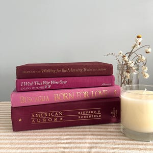 May include: A stack of four books with burgundy, magenta, and pink covers. The titles include "Waiting for the Morning Train," "I Wish This War Were Over," "Born for Love," and "American Aurora." A lit candle in a glass and a small jar of dried flowers are also present.