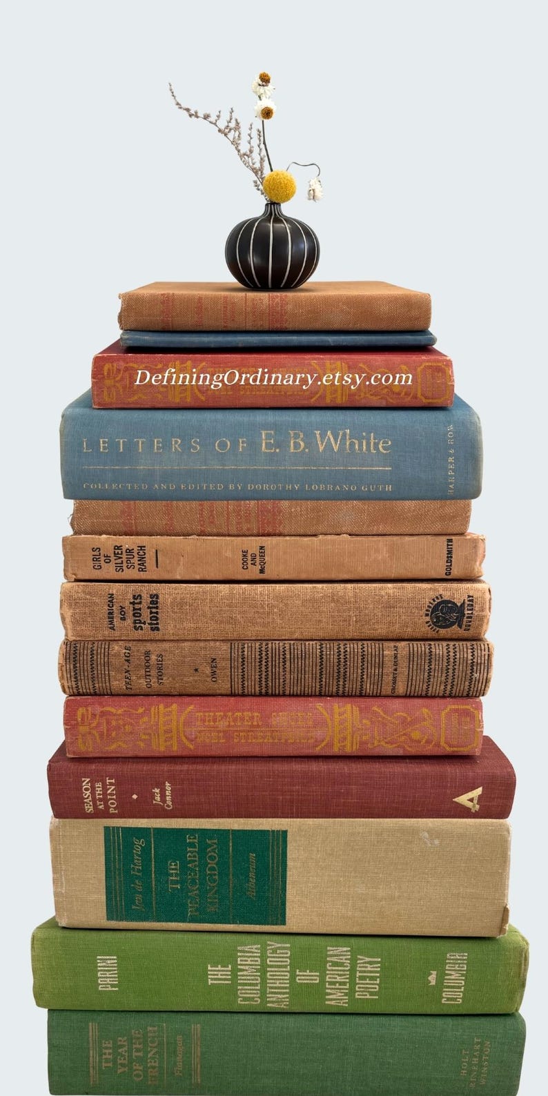 May include: A tall stack of vintage books in various colors, topped with a small black vase holding dried flowers. The books have titles like "Letters of E.B. White" and "The Peaceable Kingdom". The Etsy shop name "DefiningOrdinary.etsy.com" is visible.