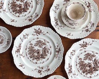 Vintage Toile Dishes Brown Transferware Fall Aesthetic Hosting Thanksgiving Decor Ideas Made in England Mason's Watteau Brown Ironstone