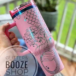 Gobelet sirène arc-en-ciel gravé : tasse de voyage en acier inoxydable 40 oz