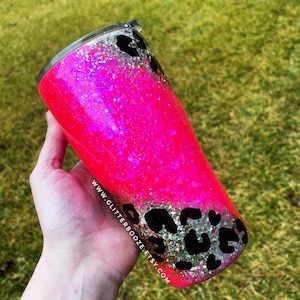 Hot Pink Leopard Swirl Tumbler, Epoxy Glitter Cup, Split neon Pink Cup, Personalized Glitter Tumbler, Leopard Print Tumbler ombré glitter