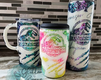 Motherhood is a walk in the park tumbler, Jurassic Park Tumbler, Custom Glitter Tumbler, Epoxy Dinosaur Cup, Mom Life Tumbler