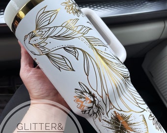 Gold Koi Engraved Tumbler: Tattoo-Style Lily Pad Design 40oz