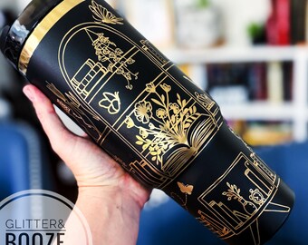 Personalized Bookish Cat Lover Tumbler: Engraved Gold Bookshelf Travel Mug
