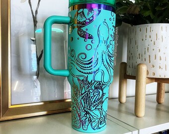 Teal Rainbow engraved tumbler, under the sea engraved tumbler, ocean tumbler, 40oz stainless tumbler, laser engraved tumbler turtle octopus