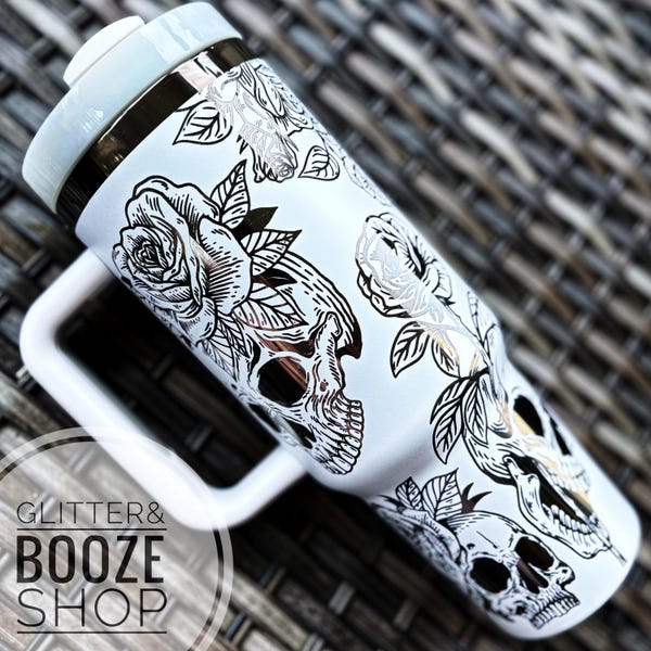 Floral Skull Tumbler | 40oz Engraved Halloween Cup with Handle | Stanley Style Goth & Witchy Vibes