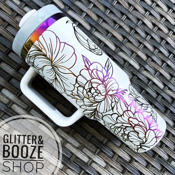 Floral Rainbow Engraved Tumbler: 40oz Stainless Steel Peony Design