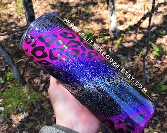 Galaxy leopard Swirl Glitter Tumbler, Custom swirl leopard Tumbler, Glitter Galaxy Tumbler, Personalized Black Pink Purple Glitter Tumbler