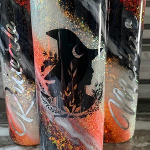 Halloween witch tumbler, custom glitter tumbler, witches brew tumbler, black swirl Halloween glitter mug, black cat cup, Halloween milkyway, image 3