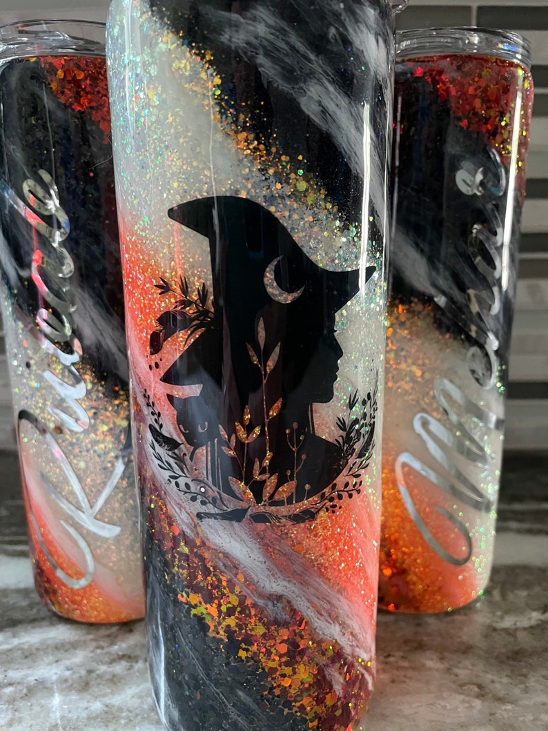 Halloween witch tumbler, custom glitter tumbler, witches brew tumbler, black swirl Halloween glitter mug, black cat cup, Halloween milkyway, image 3