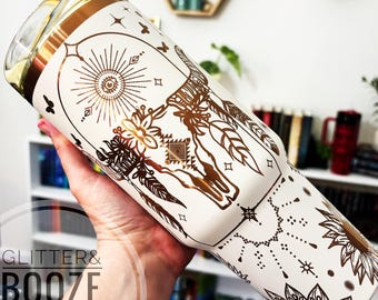 Personalized 40oz Western Tumbler with Handle, Aztec Cactus and Cow Skull Design