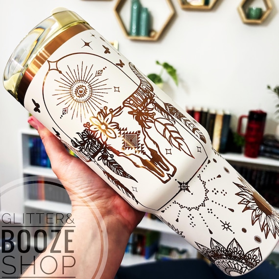 Personalized 40oz Western Tumbler with Handle, Aztec Cactus and Cow Skull Design