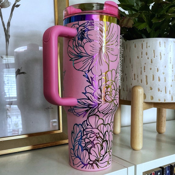 Engraved Peony Tumbler: Pink Rainbow Floral 40oz Stainless Steel