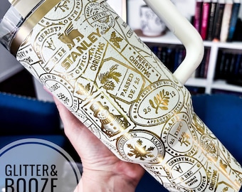 Custom Engraved Stanley Tumbler 40oz: Cream & Gold Christmas Stamps