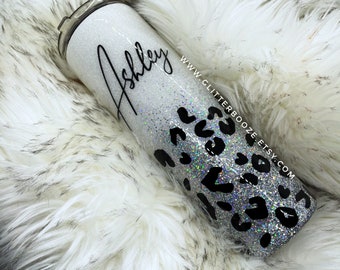 Snow Leopard Ombré Glitter Tumbler, Custom Epoxy Tumbler, silver Cheetah Cup, Glitter Mug, Custom Glitter Travel Mug, white silver leopard