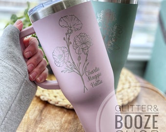 Gobelet fleur de naissance personnalisé, gobelet gravé pour maman, tasse gravée fleur de naissance, gobelet 40 oz, idée cadeau fête des mères