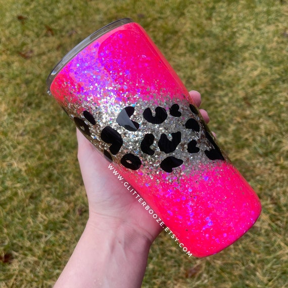 Hot Pink Metallic Leopard Tumbler Cup with Handle