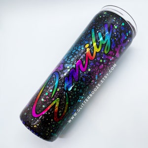 Rainbow galaxy glitter tumbler, outer space tumbler, dark and stormy epoxy tumbler, custom Galaxy water bottle, glitter rainbow