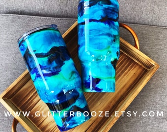 Ocean waves tumbler, ink drip tumbler, blue swirl tumbler, custom epoxy cup, nonglitter tumbler for men