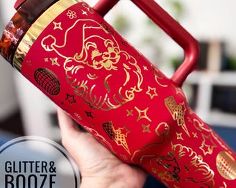 Retro Santa Engraved Tumbler: 40oz Gold-Plated Christmas Water Bottle