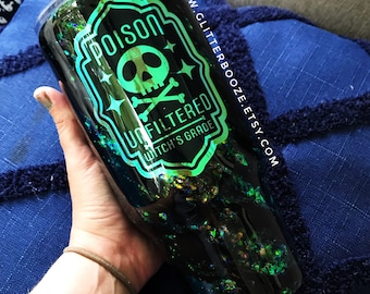 Halloween tumbler, custom glitter tumbler, poison brew tumbler, black swirl Halloween glitter mug, custom cup, epoxy sealed glitter tumbler