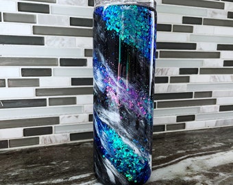 Glitter Swirl Tumbler, Epoxy Sealed CUP, black Blue Marble Tumbler, Oil slick Milky Way Glitter Tumbler, midnight mermaid black opal swirl