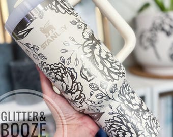 Engraved Peony Stanley Tumbler 40 oz - Floral Insulated Water Bottle