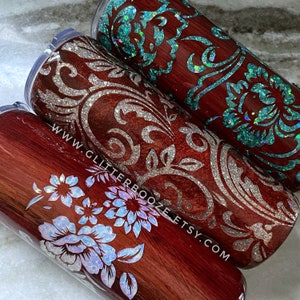 Western Glitter Swirl Tumbler, Tooled Leather Woodgrain cup, lace peekaboo tumbler, floral western theme epoxy tumbler