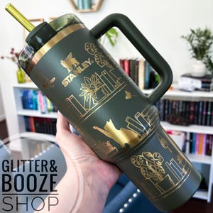 Engraved Stanley Tumbler: Books & Cats Design - 40 oz