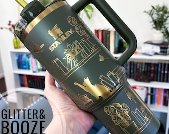 Engraved Stanley Tumbler: Books & Cats Design - 40 oz