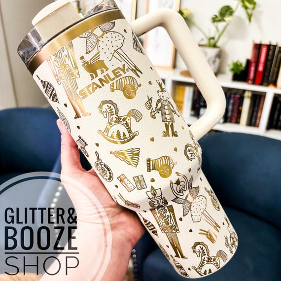 Custom Engraved Stanley Tumbler 40oz: Cream & Gold Nutcracker Design
