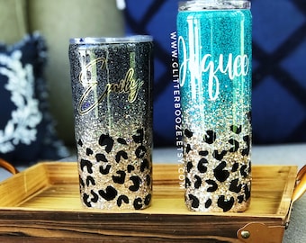 Leopard Ombré Glitter Tumbler, Custom Epoxy Tumbler, Cheetah Cup, Glitter Mug, Custom Glitter Travel Mug, black and gold glitter, teal ombré