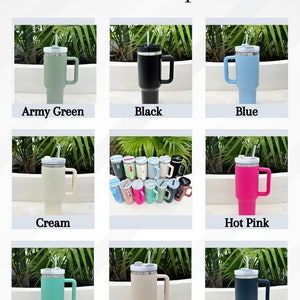 a bunch of different colored coffee mugs on a table
