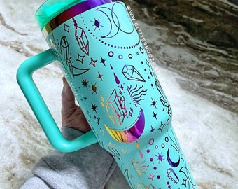 Teal Rainbow engraved tumbler, crystal moon engraved tumbler, witchy tumbler, 40oz stainless steel tumbler, laser engraved rainbow tumbler