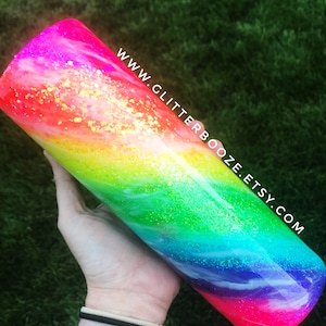 Neon Rainbow Glitter Tumbler: Personalized Epoxy Stainless Steel Mug
