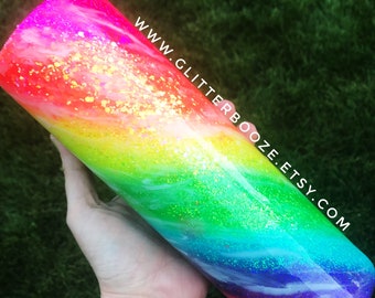 Neon Rainbow Swirl Glitter Tumbler, Custom Milkyway Tumbler, Glitter Marble Tumbler, Personalized MilkyWay Glitter Tumbler, Epoxy Mug, Pride