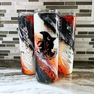 Halloween witch tumbler, custom glitter tumbler, witches brew tumbler, black swirl Halloween glitter mug, black cat cup, Halloween milkyway, image 2