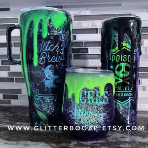 Halloween drip tumbler, custom glitter tumbler, poison witches brew tumbler, black swirl Halloween glitter mug, handle tumbler mug glow