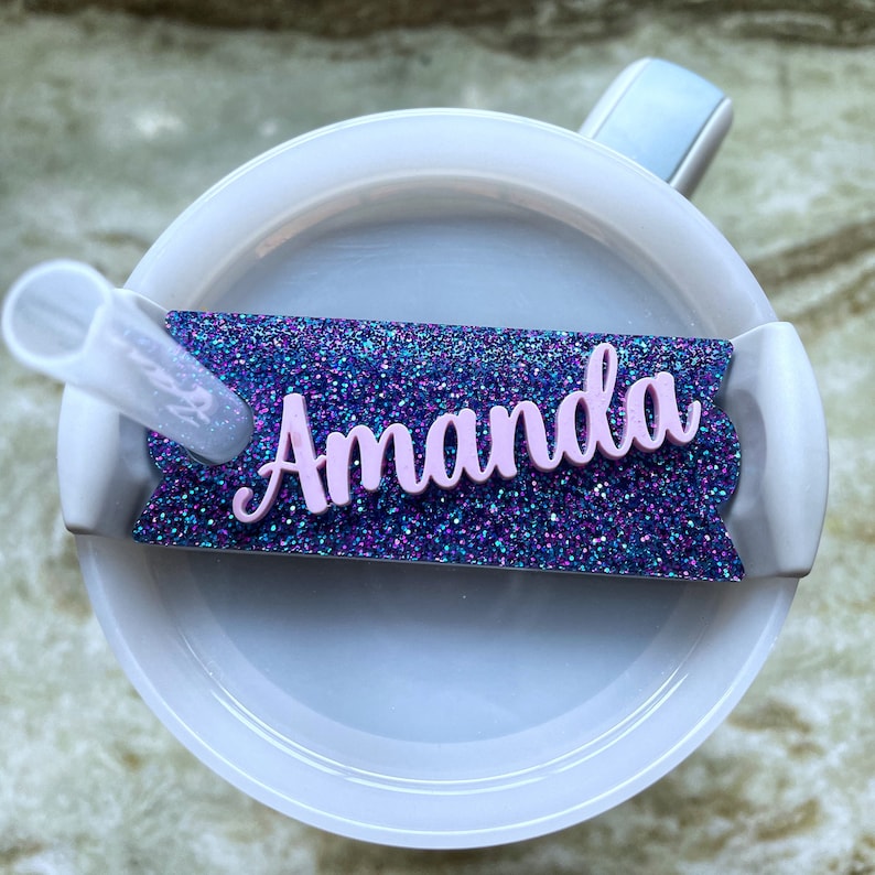 40oz/30oz tumbler name tag, tumbler name plate, custom acrylic lid topper, name tags for lid, glitter name tag image 4