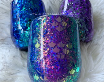 Colorshift Glitter Tumbler, custom mermaid glitter wine tumbler, holographic tumbler, summer glitter epoxy tumbler, custom mermaid cup