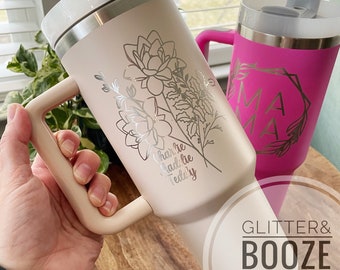 Custom Name Birth Flowers 40oz Tumbler, Stainless Steel Tumbler With Handle, Birth Month Flower Tumbler, Laser Engraved Tumbler, Personalize